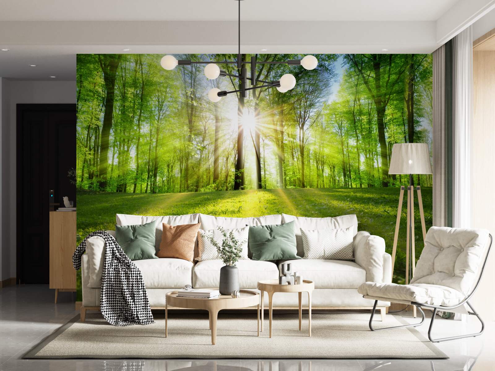 Fototapet razele soarelui pătrund în copaci