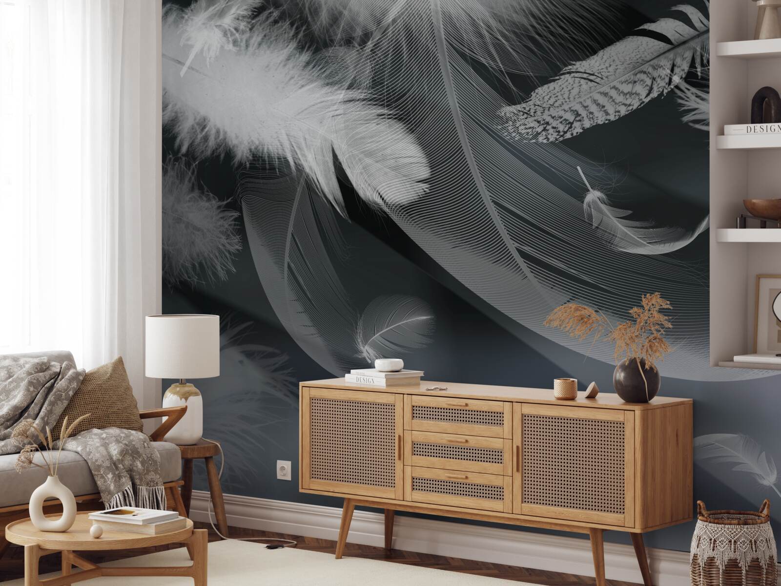 Fototapet fundal întunecat decorat cu pene