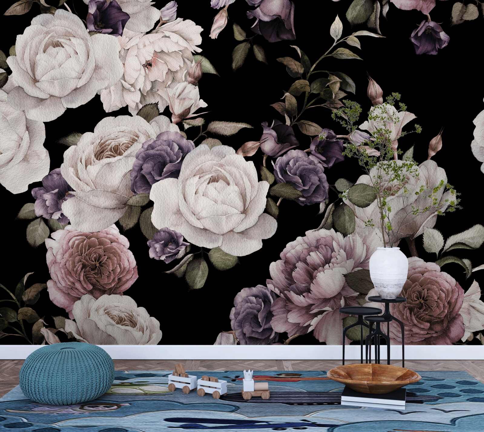 Fototapet fundal întunecat decorat cu bujori