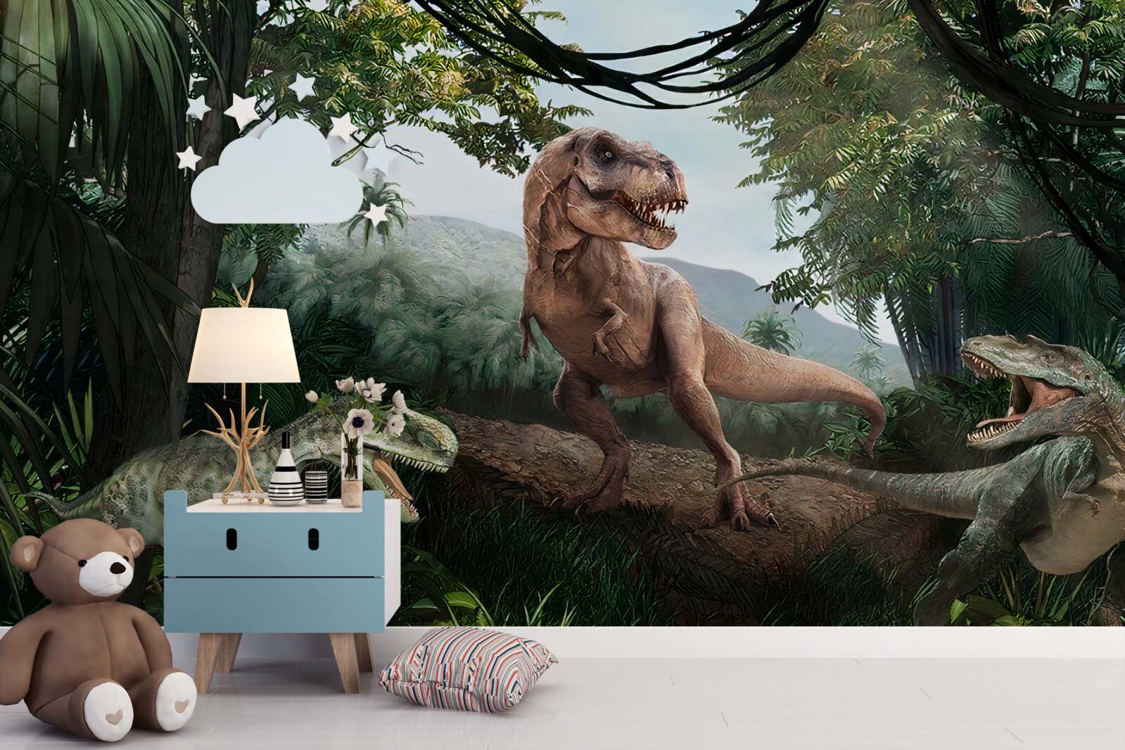 Fototapet velociraptor, zori și șopârlă preistorică