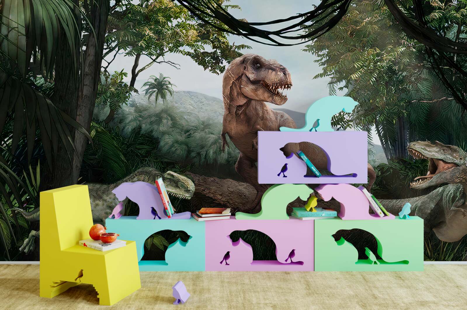 Fototapet velociraptor, zori și șopârlă preistorică