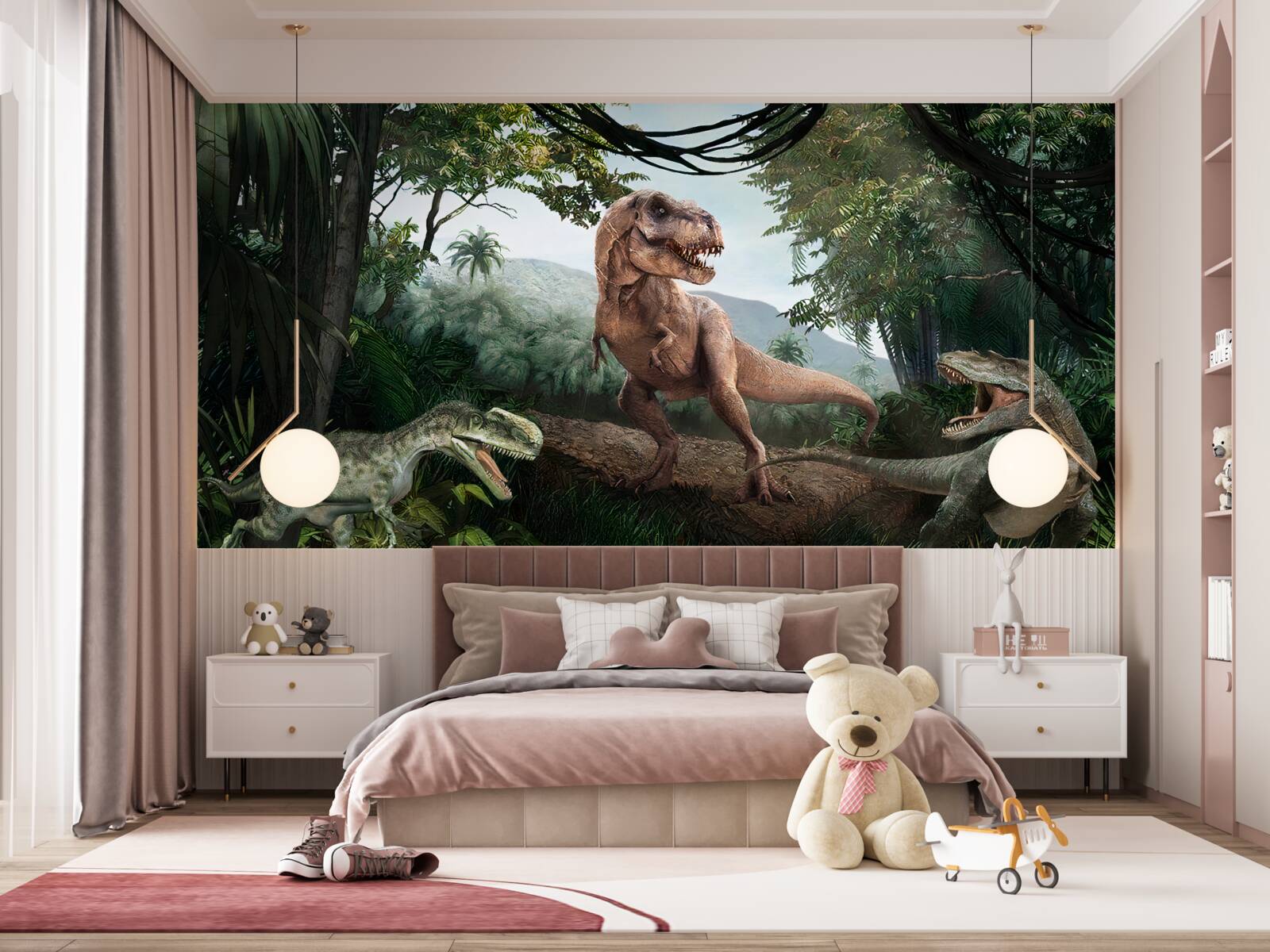 Fototapet velociraptor, zori și șopârlă preistorică