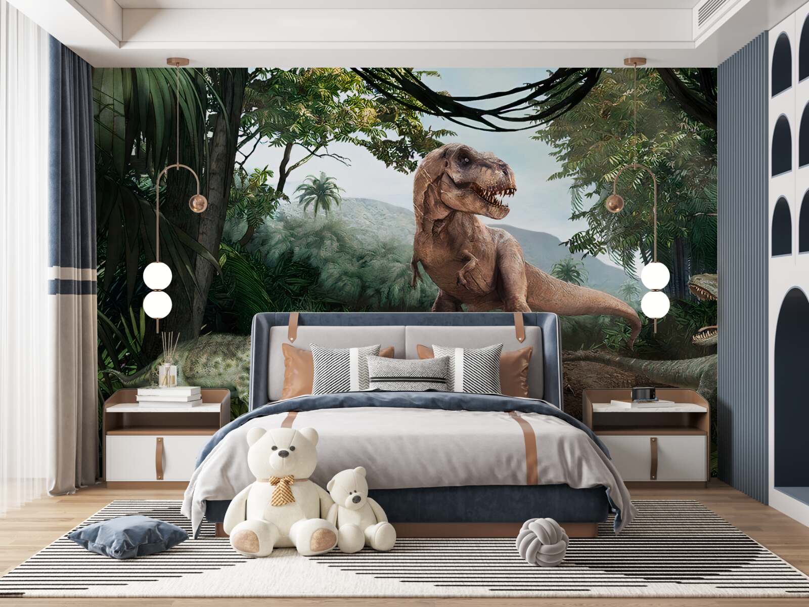 Fototapet velociraptor, zori și șopârlă preistorică