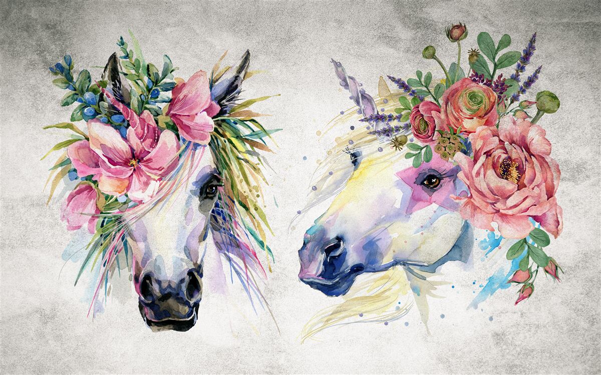 Fototapet flori, vopsele de acuarelă și instrumente de scris