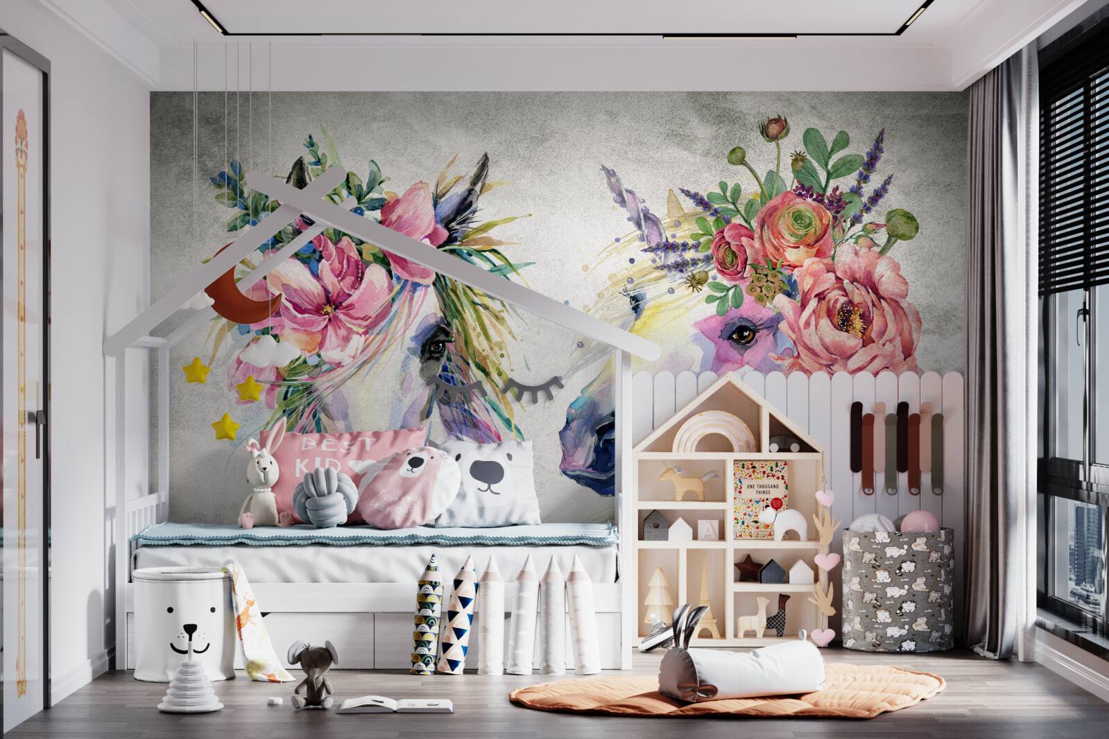 Fototapet flori, vopsele de acuarelă și instrumente de scris