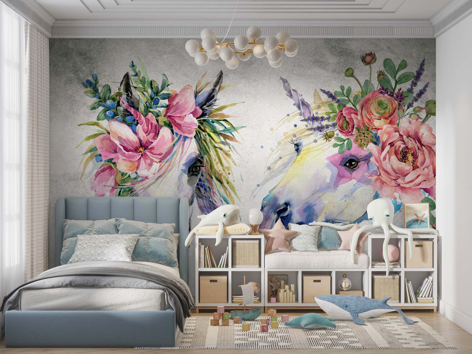 Fototapet flori, vopsele de acuarelă și instrumente de scris