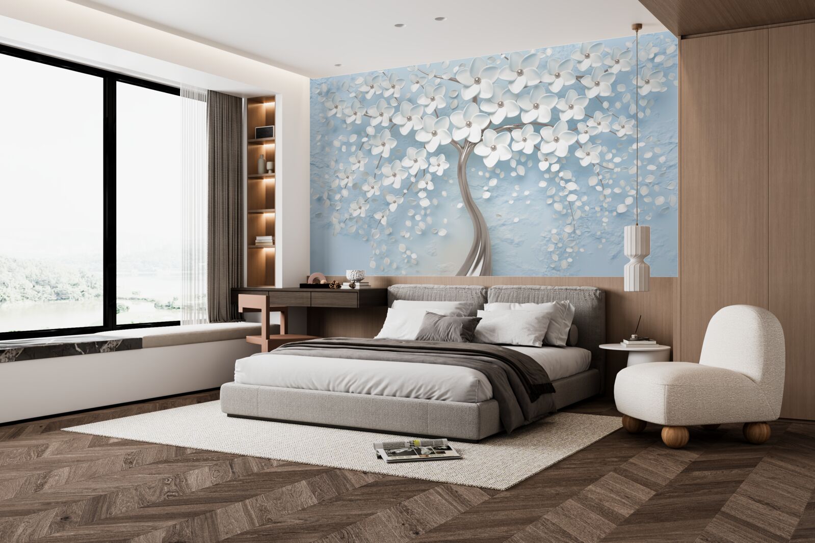 Fototapet pe un fundal de cer albastru se află un copac