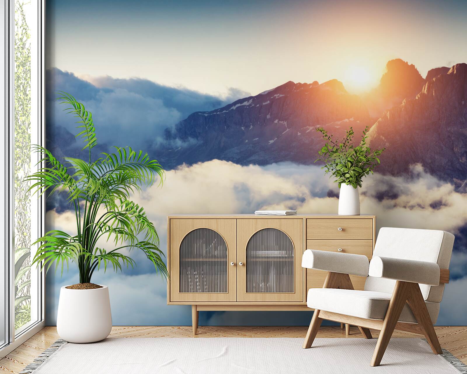 Fototapet apus de soare într-un peisaj muntos