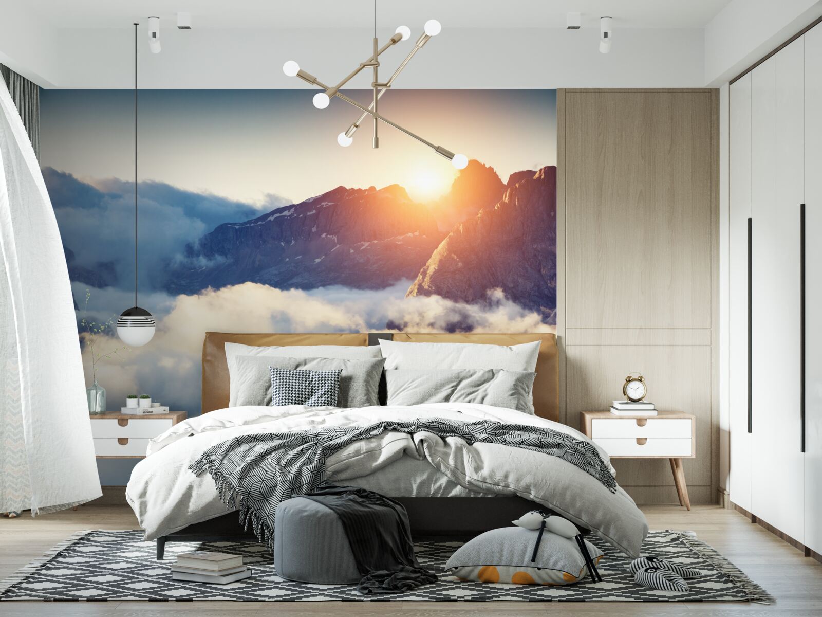 Fototapet apus de soare într-un peisaj muntos