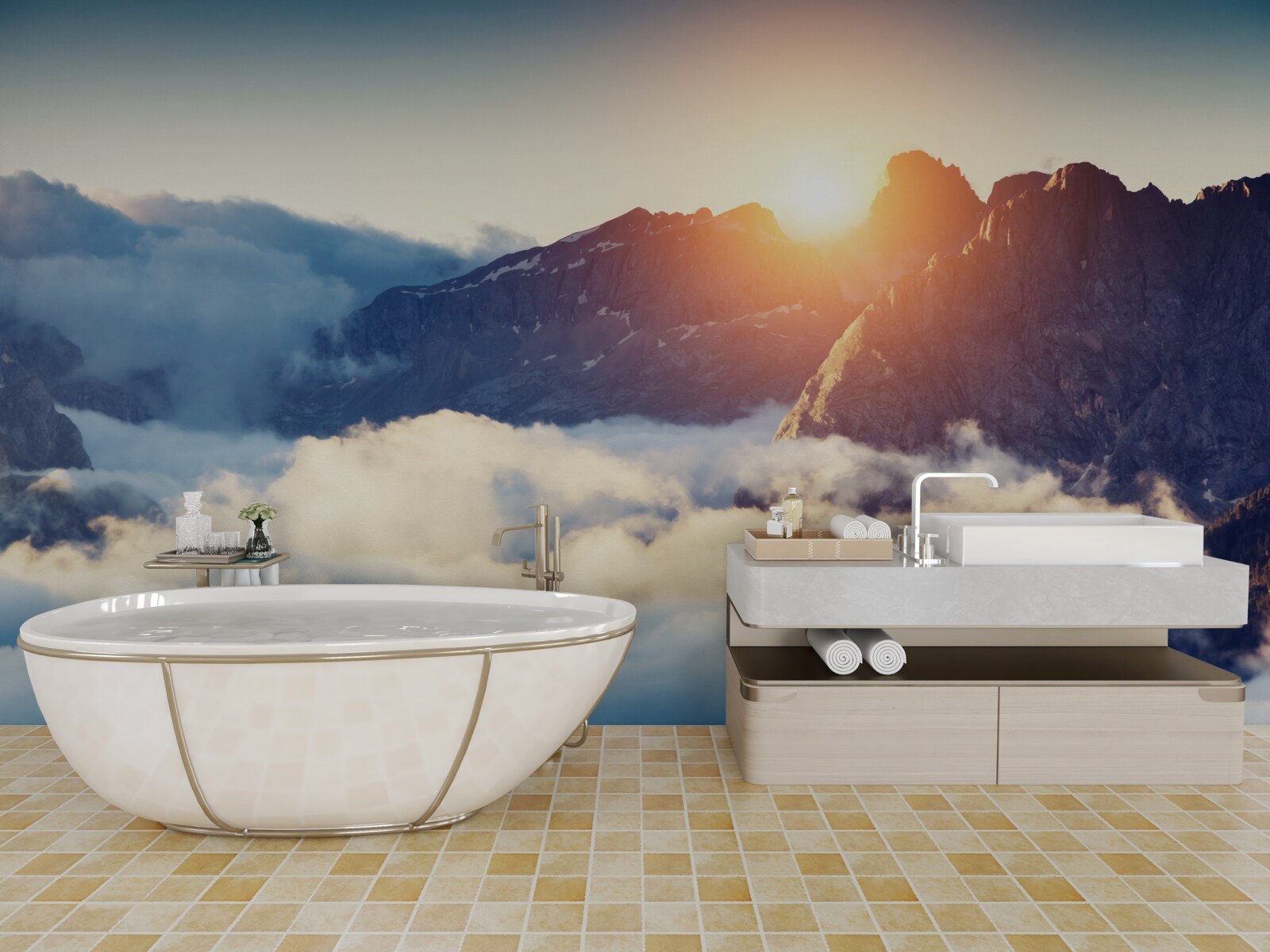 Fototapet apus de soare într-un peisaj muntos