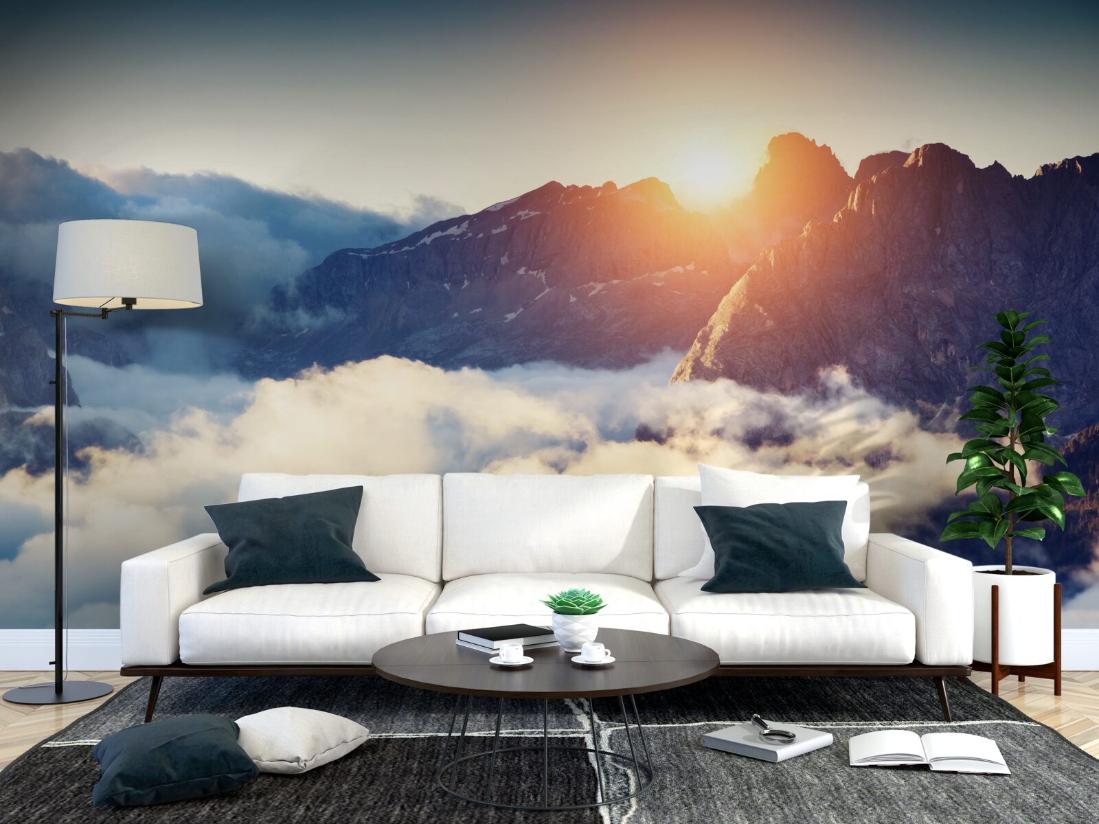 Fototapet apus de soare într-un peisaj muntos