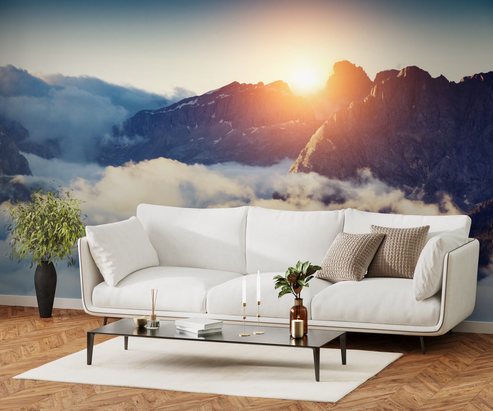 Fototapet apus de soare într-un peisaj muntos