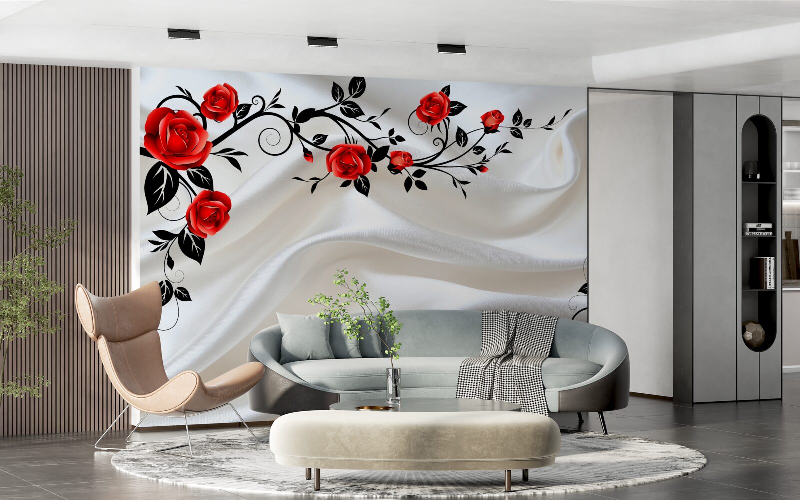 Fototapet satinul este decorat cu trandafiri