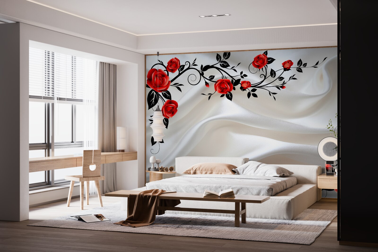 Fototapet satinul este decorat cu trandafiri