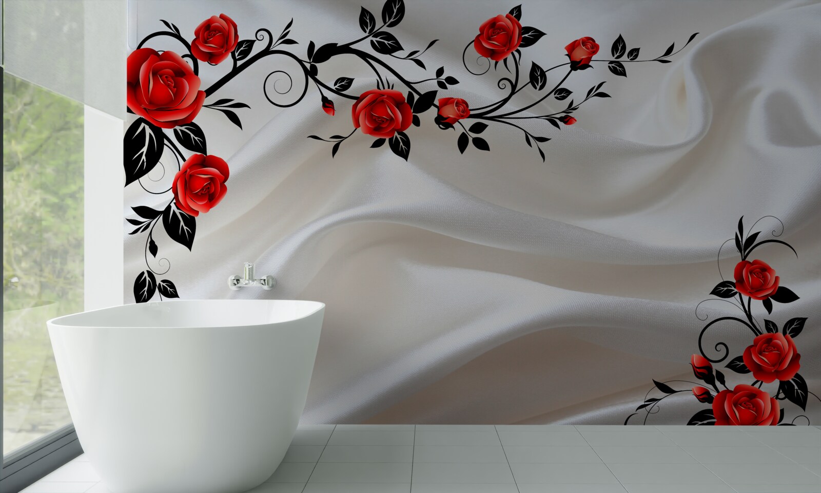 Fototapet satinul este decorat cu trandafiri