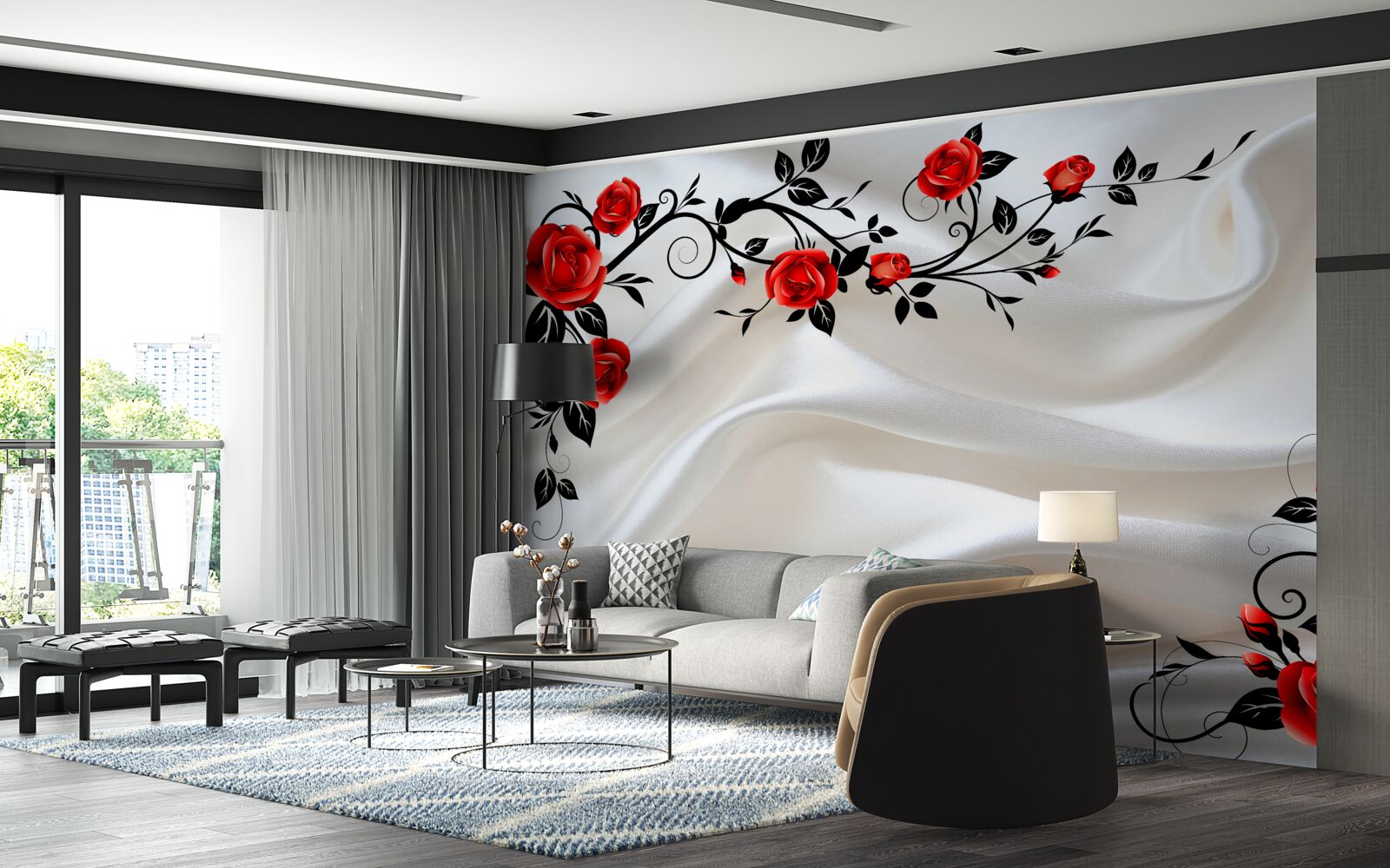 Fototapet satinul este decorat cu trandafiri