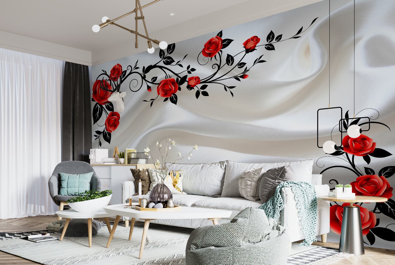 Fototapet satinul este decorat cu trandafiri