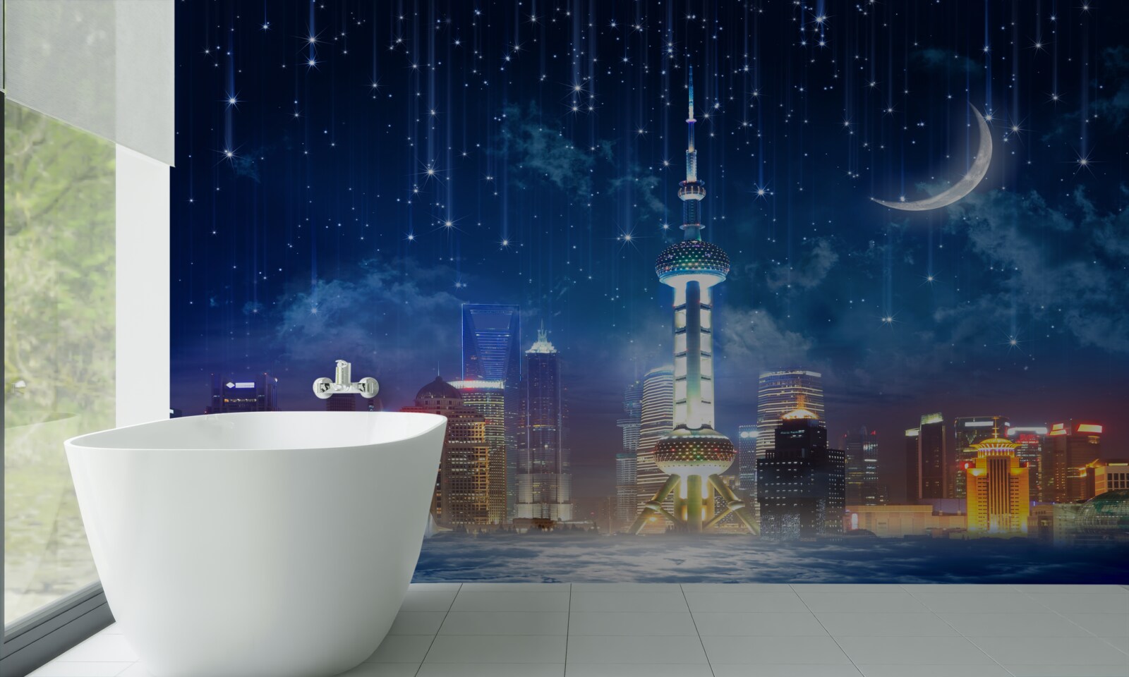 Fototapet mobilier albastru și violet