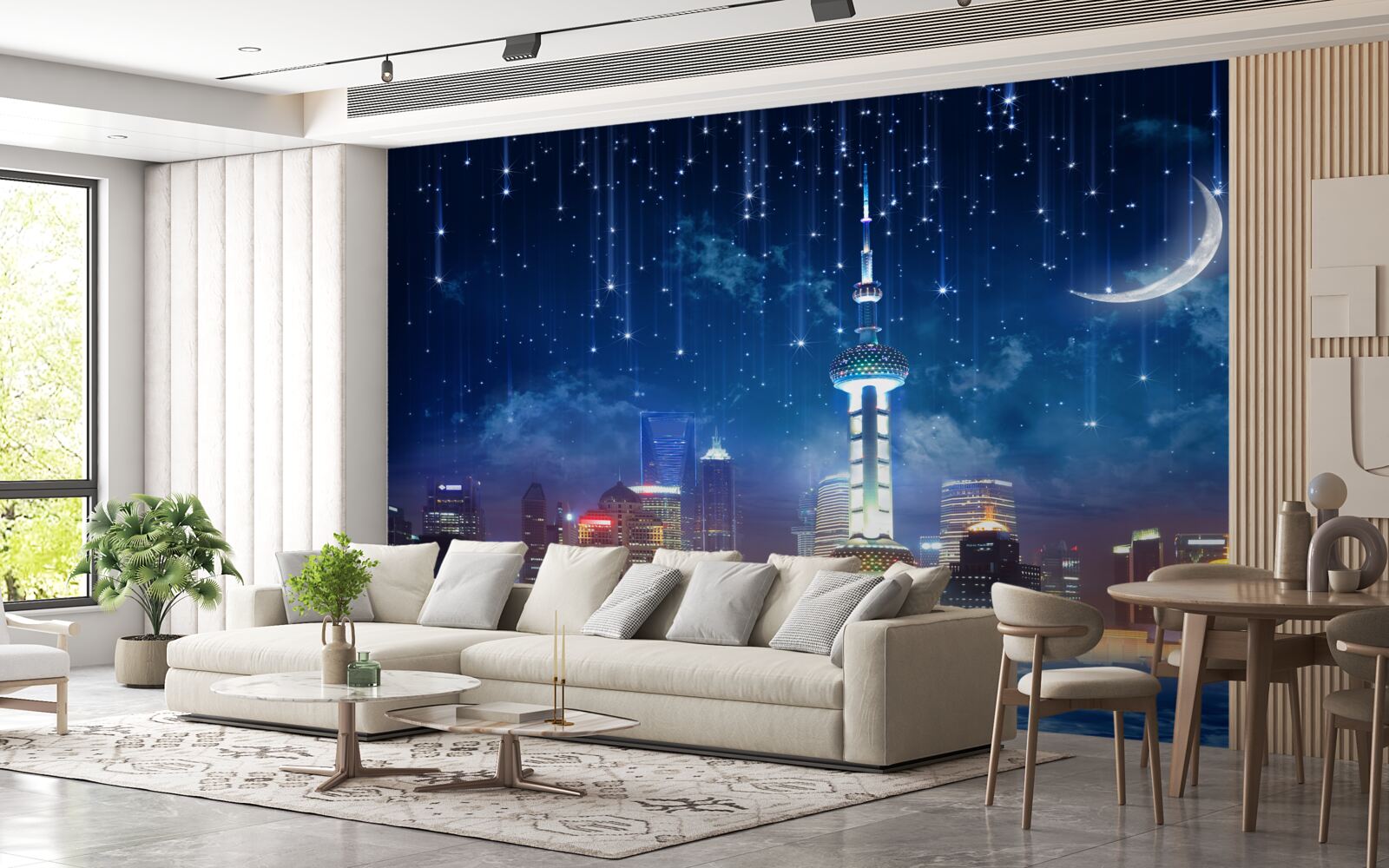 Fototapet mobilier albastru și violet