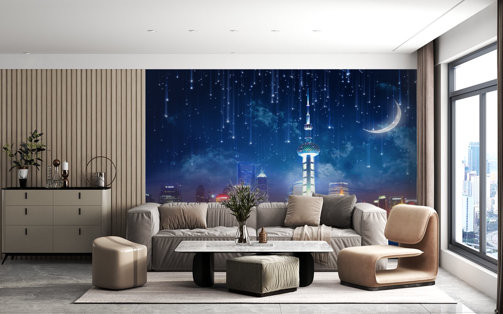 Fototapet mobilier albastru și violet