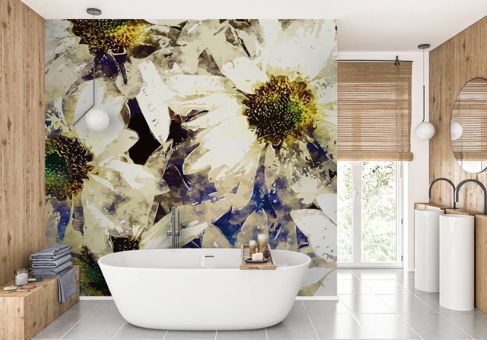 Fototapet acuarelă cu margarete albe