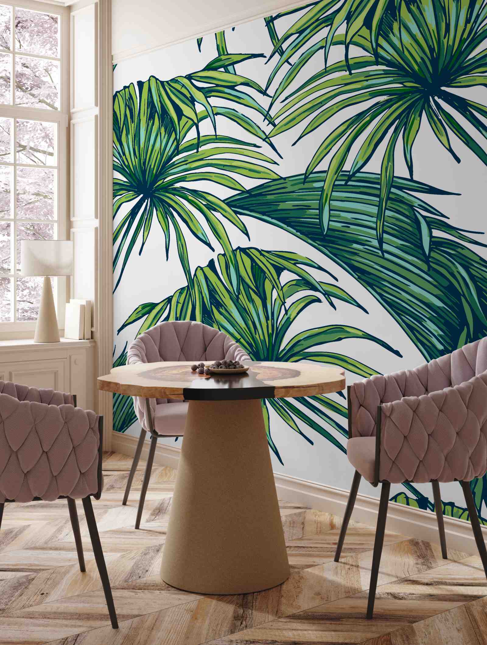 Fototapet palme verzi pe o suprafață albă ca zăpada