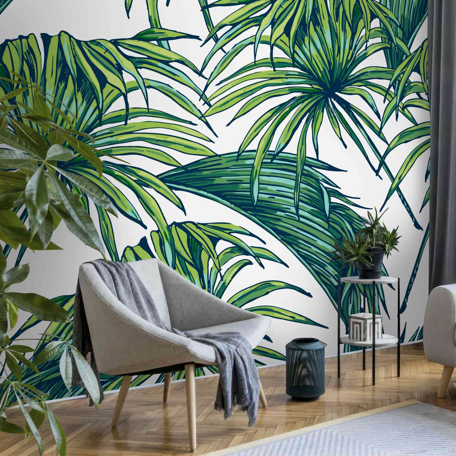 Fototapet palme verzi pe o suprafață albă ca zăpada