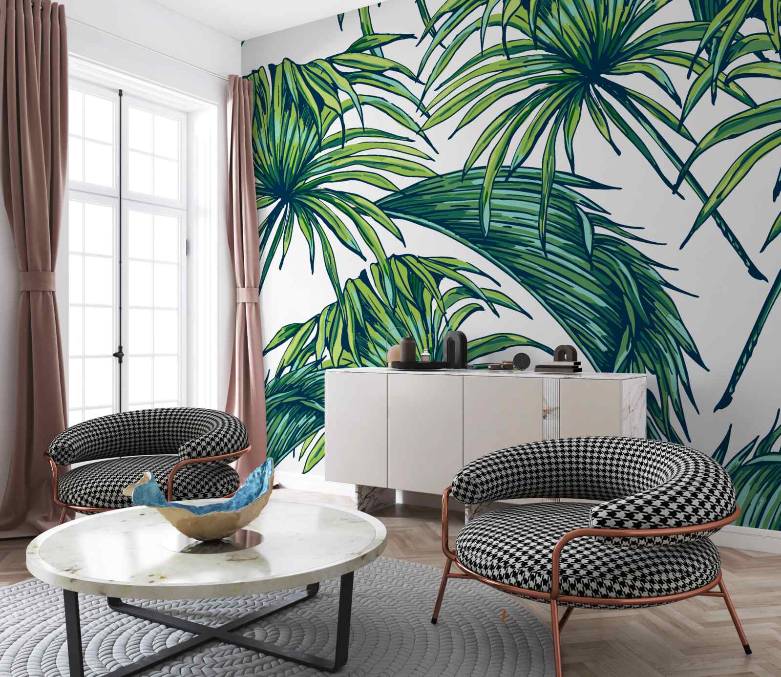 Fototapet palme verzi pe o suprafață albă ca zăpada