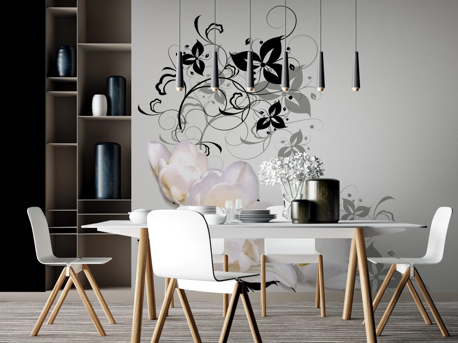 Fototapet un nufăr cu frunze întunecate este reprezentat pe un fundal gri