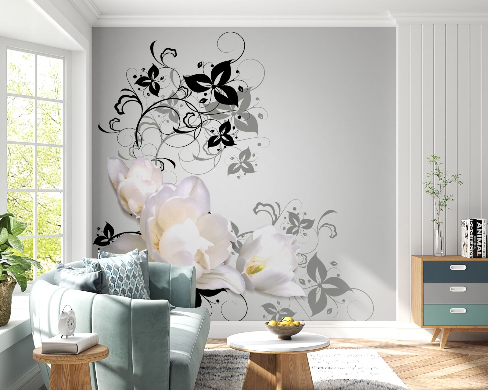 Fototapet un nufăr cu frunze întunecate este reprezentat pe un fundal gri