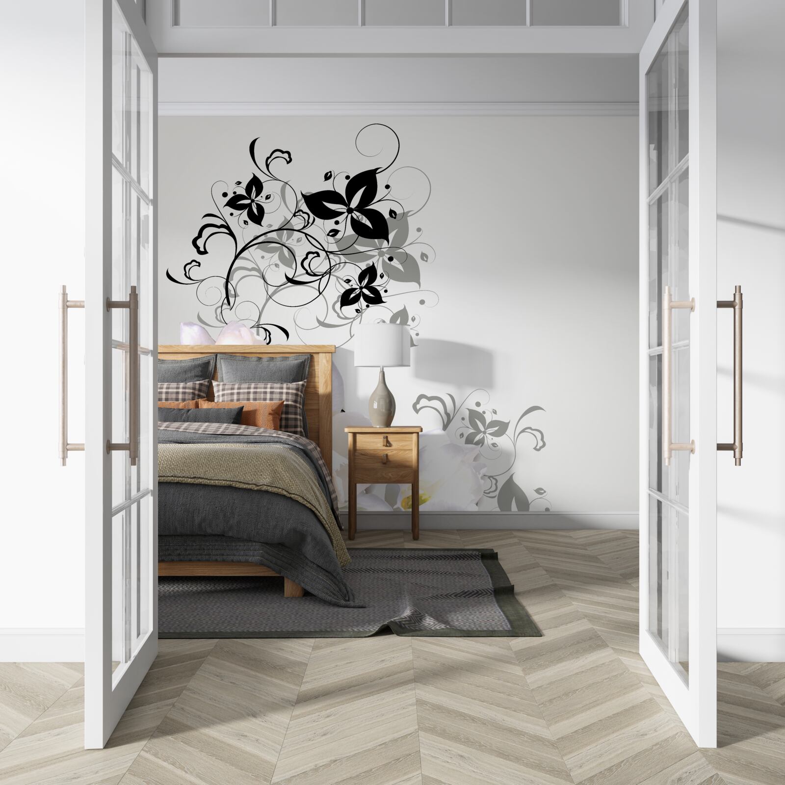 Fototapet un nufăr cu frunze întunecate este reprezentat pe un fundal gri