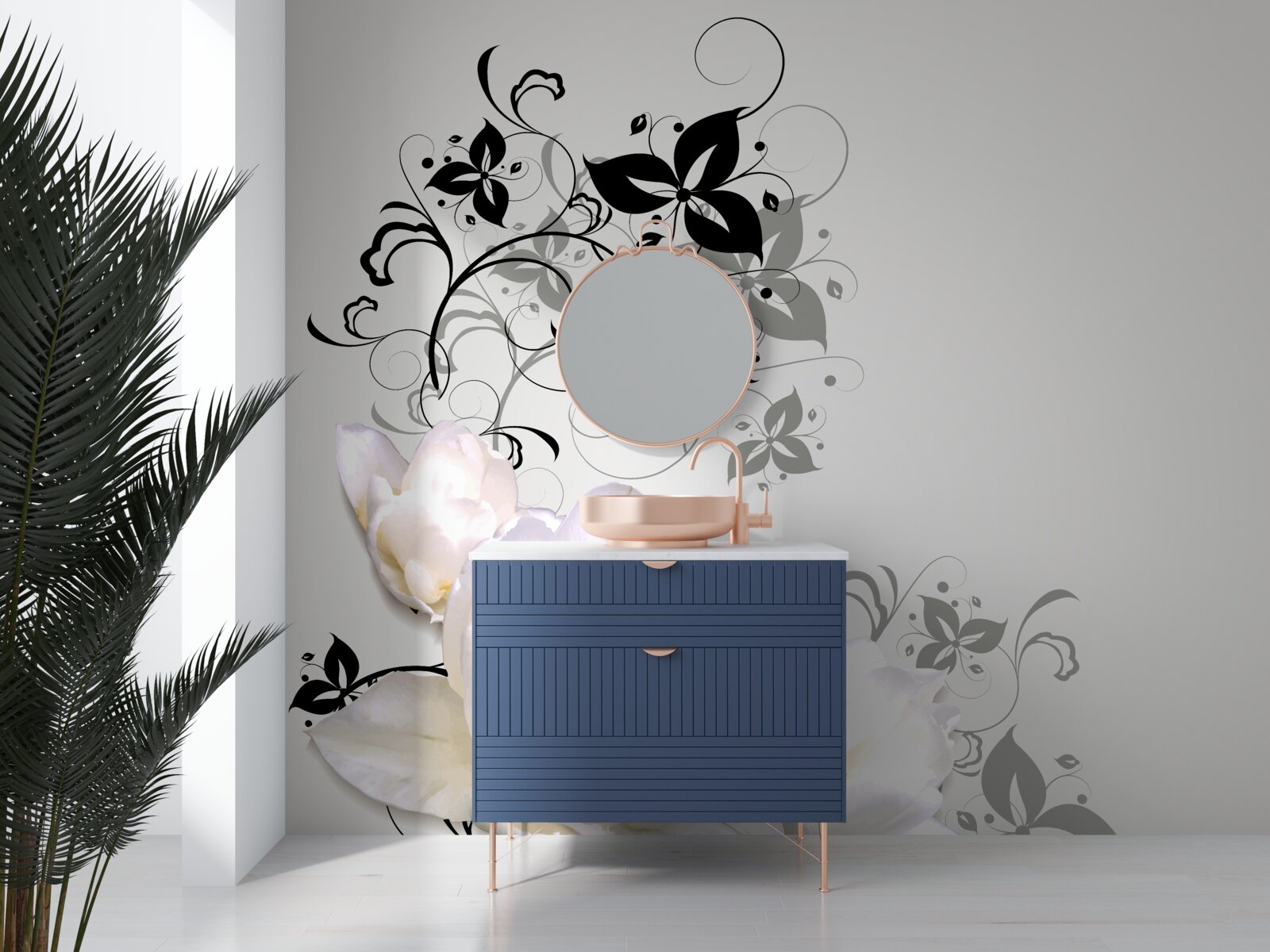 Fototapet un nufăr cu frunze întunecate este reprezentat pe un fundal gri