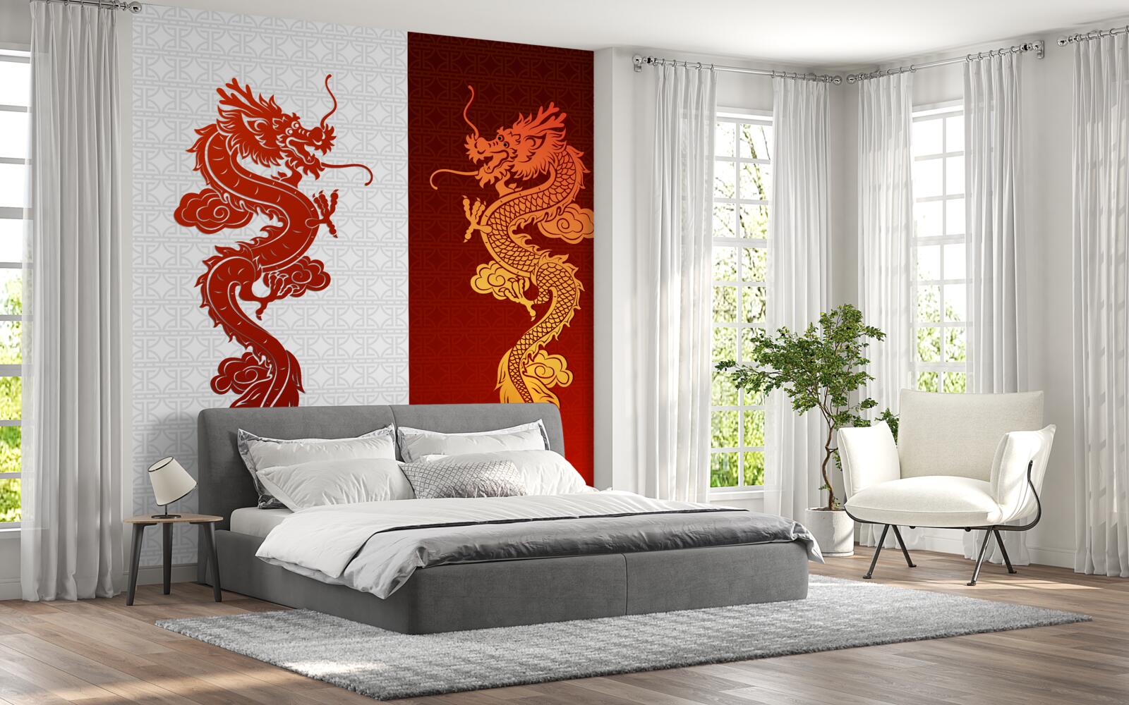 Fototapet imagine a unui dragon pe un fundal alb și roșu