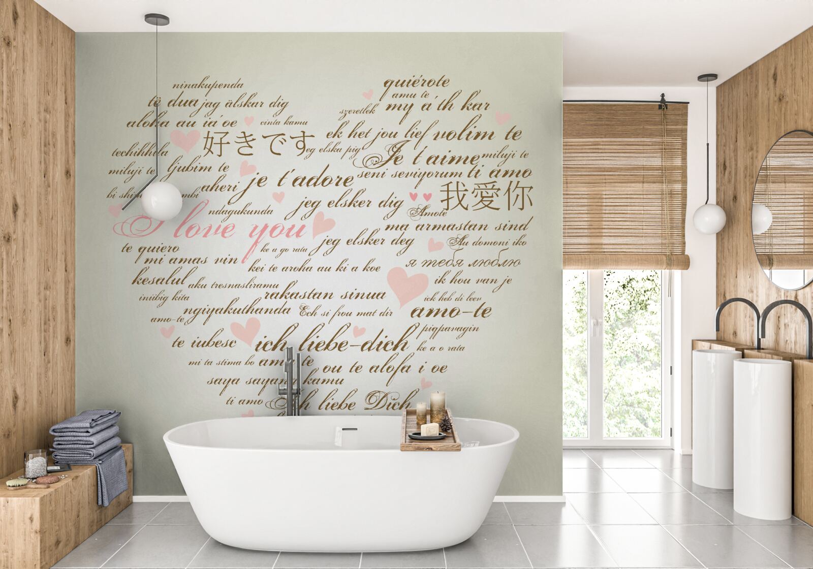 Fototapet inima este alcătuită din inscripții în diferite limbi