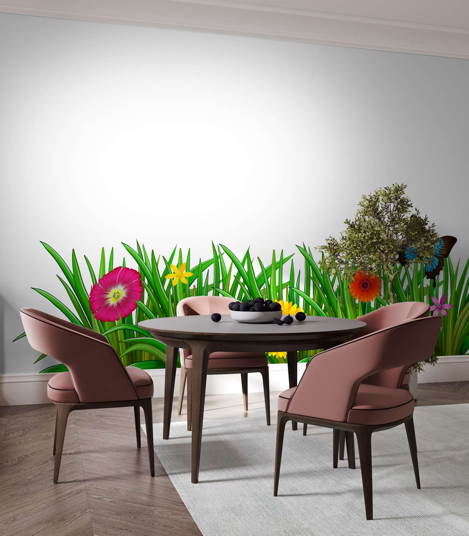 Fototapet fluture stă pe iarbă cu gerbera