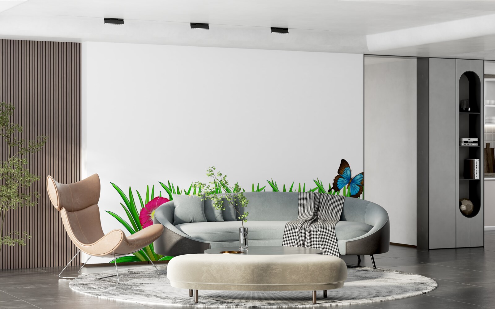 Fototapet fluture stă pe iarbă cu gerbera