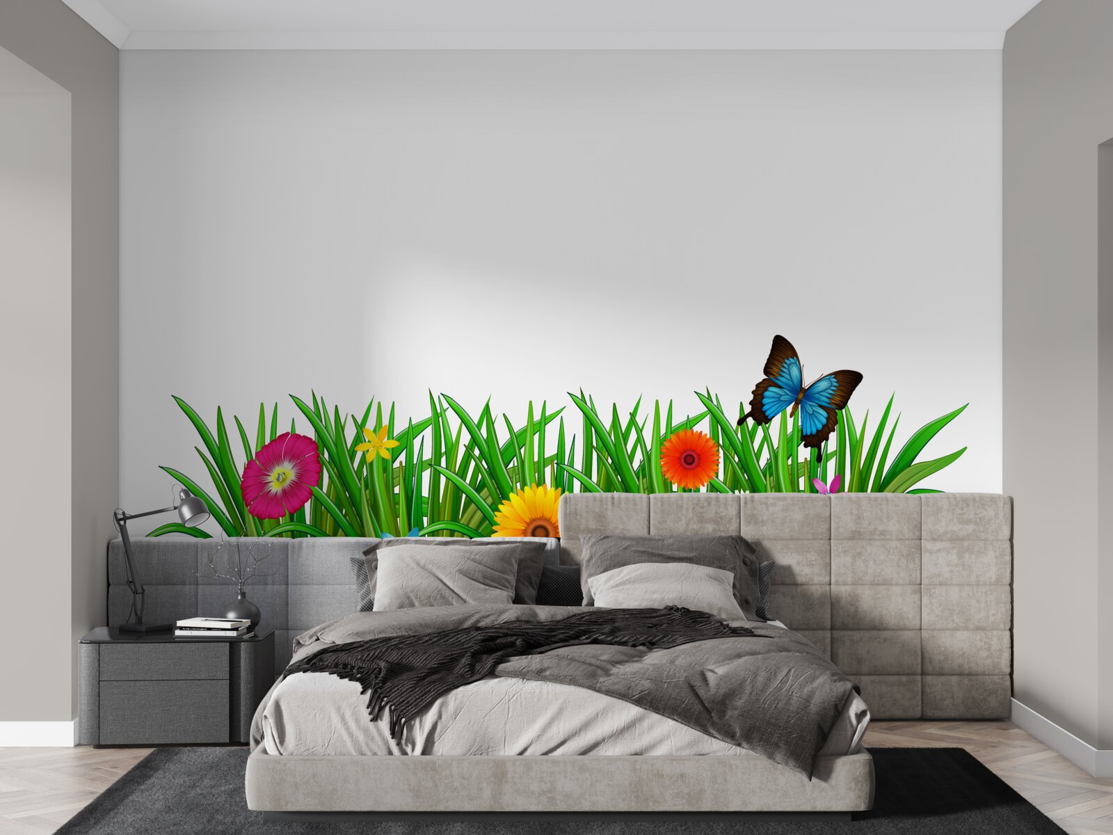 Fototapet fluture stă pe iarbă cu gerbera