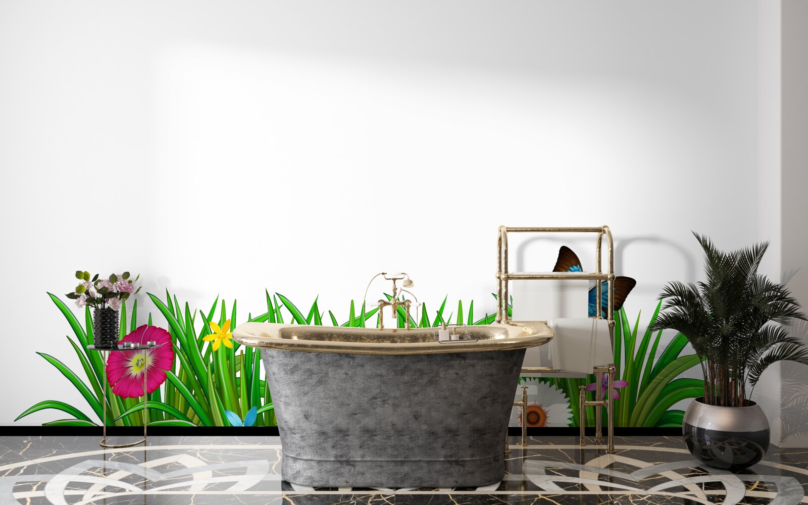 Fototapet fluture stă pe iarbă cu gerbera