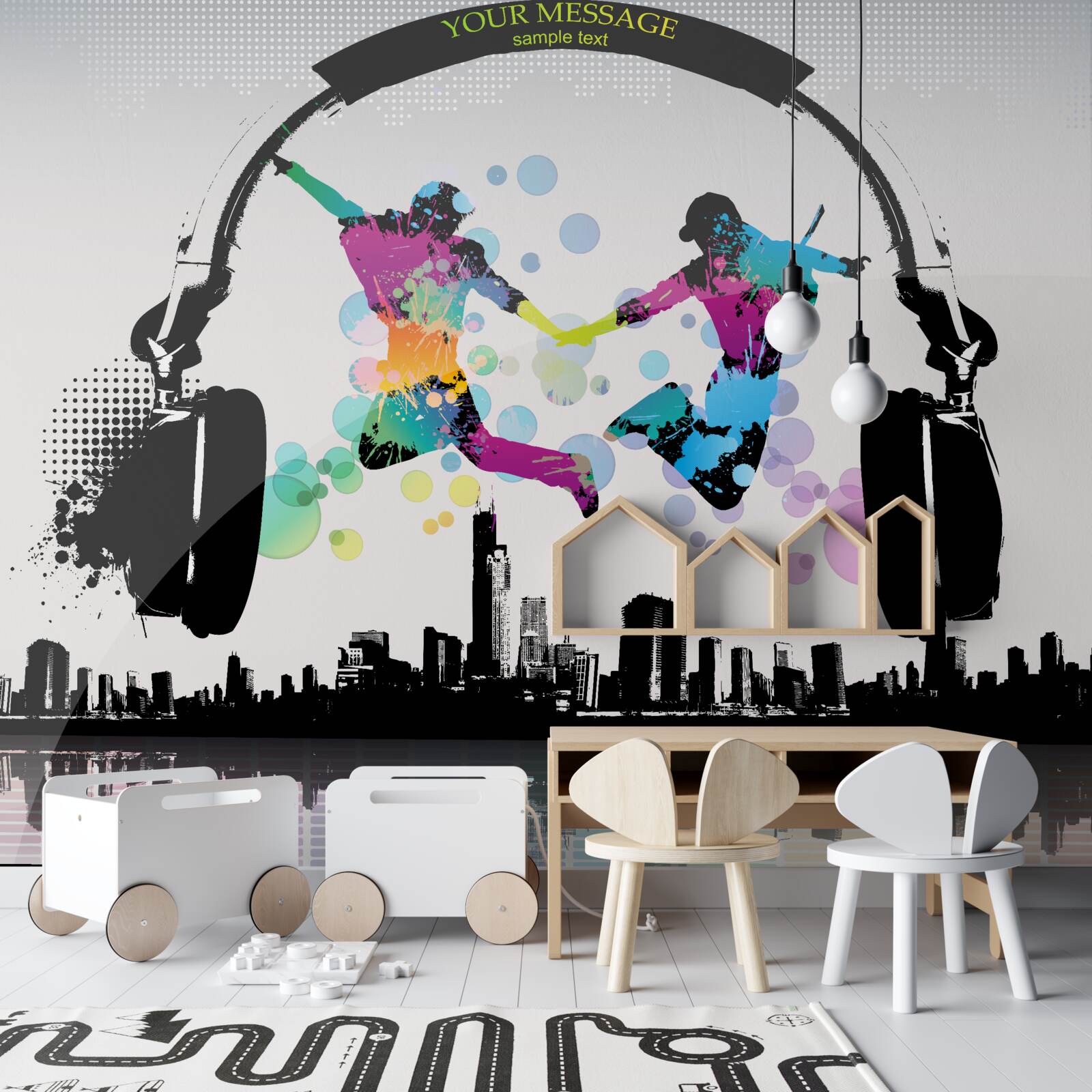 Fototapet doi dansatori pe fundalul unui oraș abstract și căști