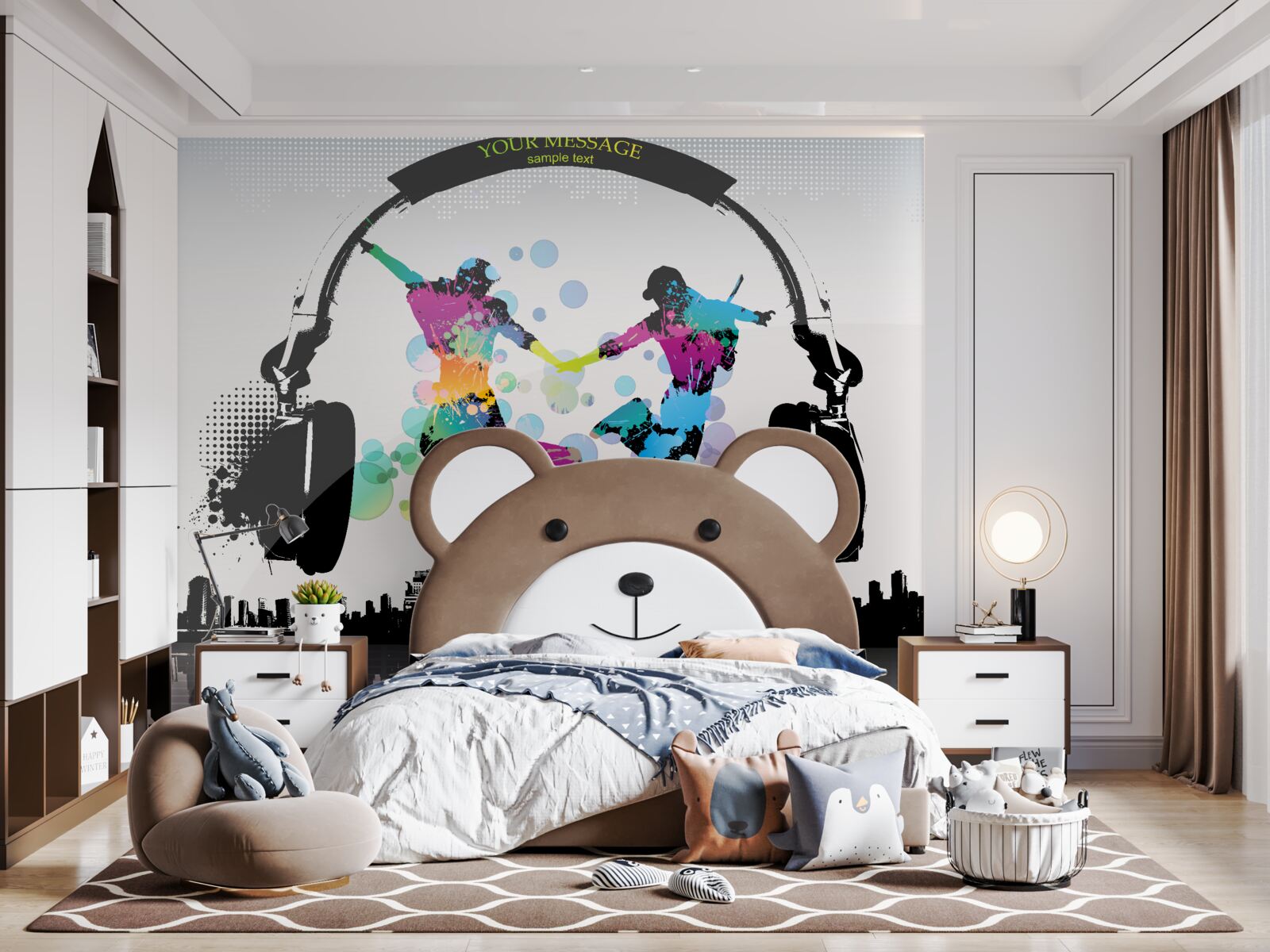 Fototapet doi dansatori pe fundalul unui oraș abstract și căști