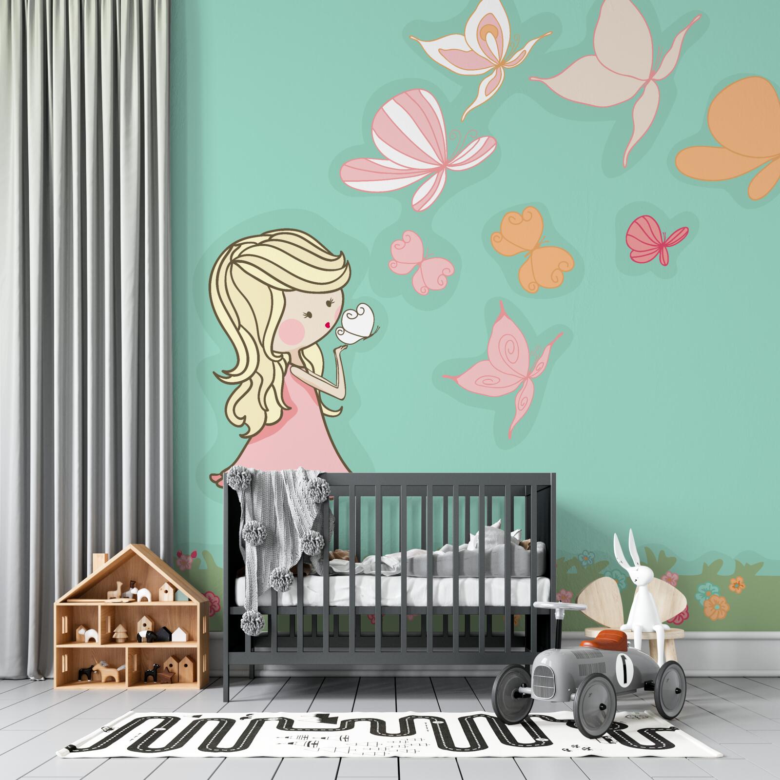 Fototapet fata admiră fluturi