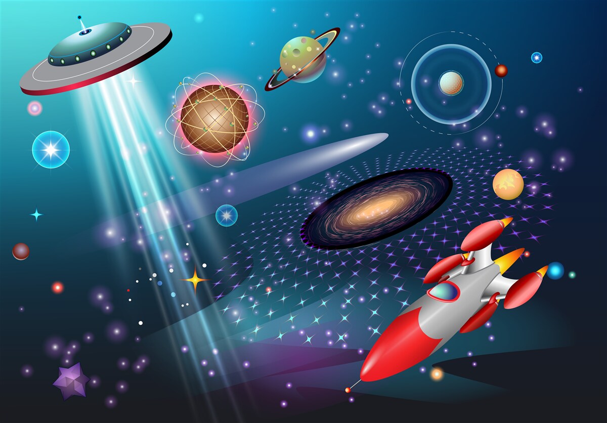 Fototapet printre planete se află o rachetă și un OZN