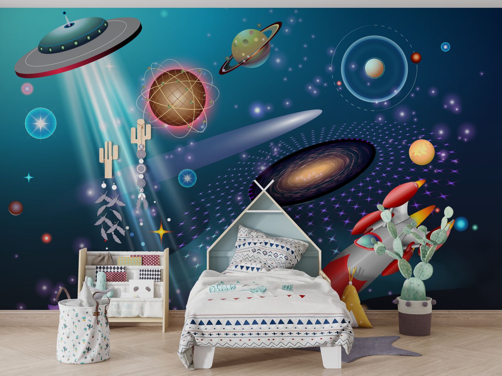 Fototapet printre planete se află o rachetă și un OZN