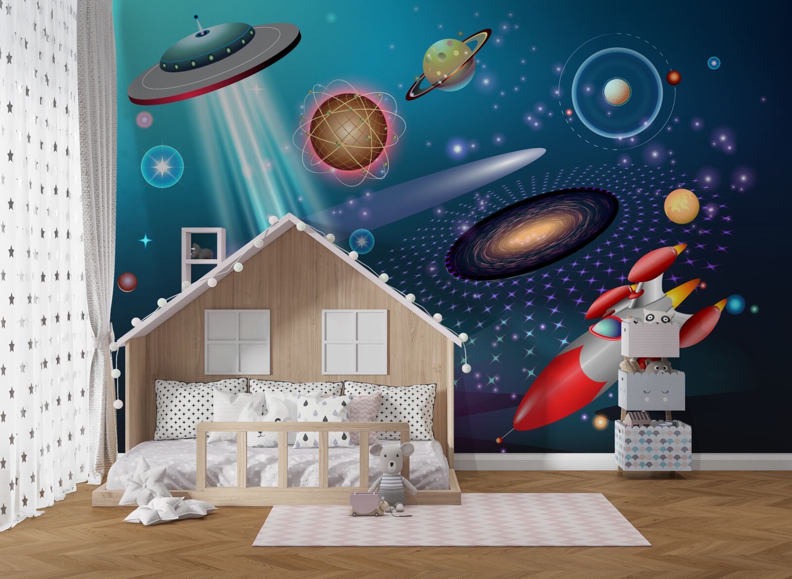 Fototapet printre planete se află o rachetă și un OZN