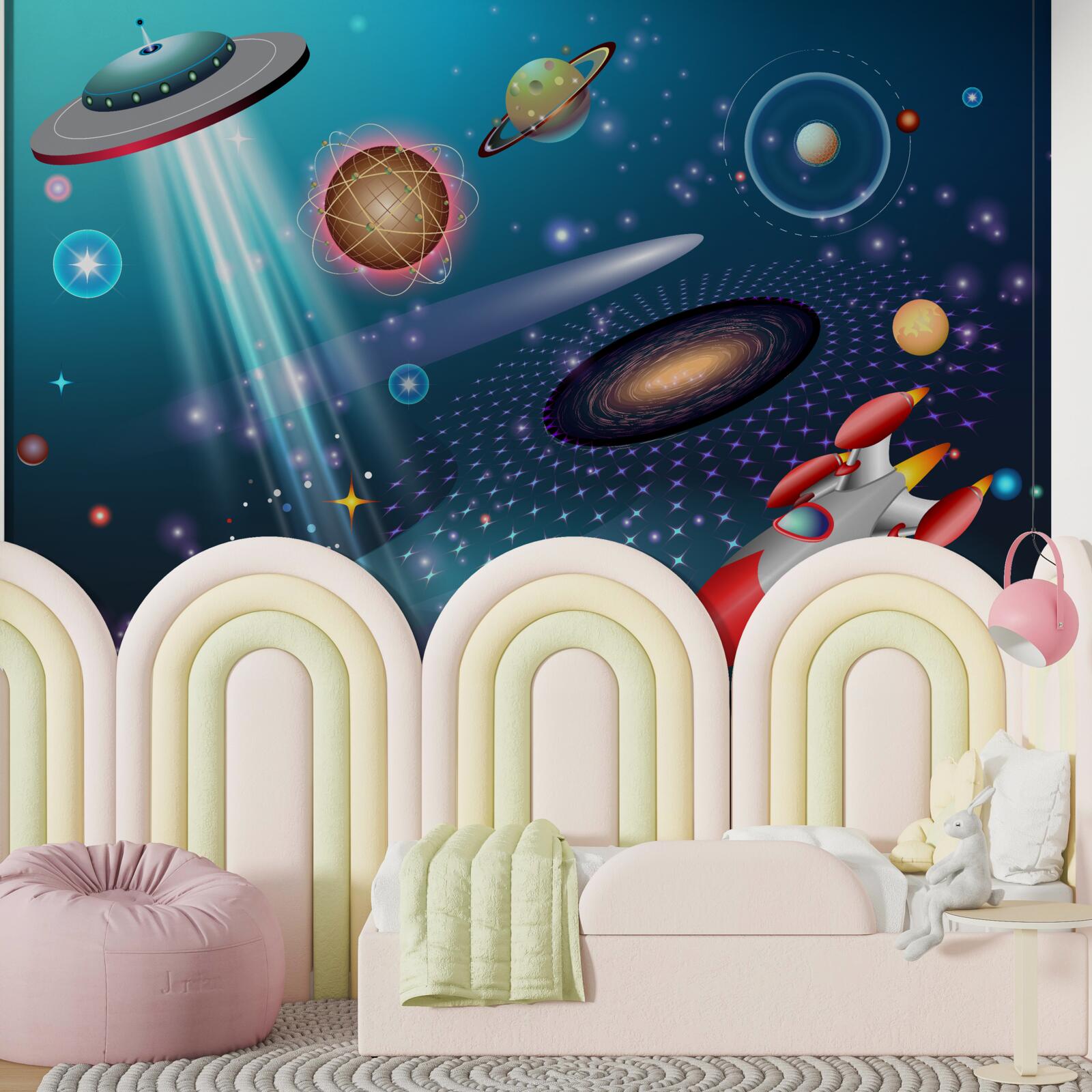 Fototapet printre planete se află o rachetă și un OZN