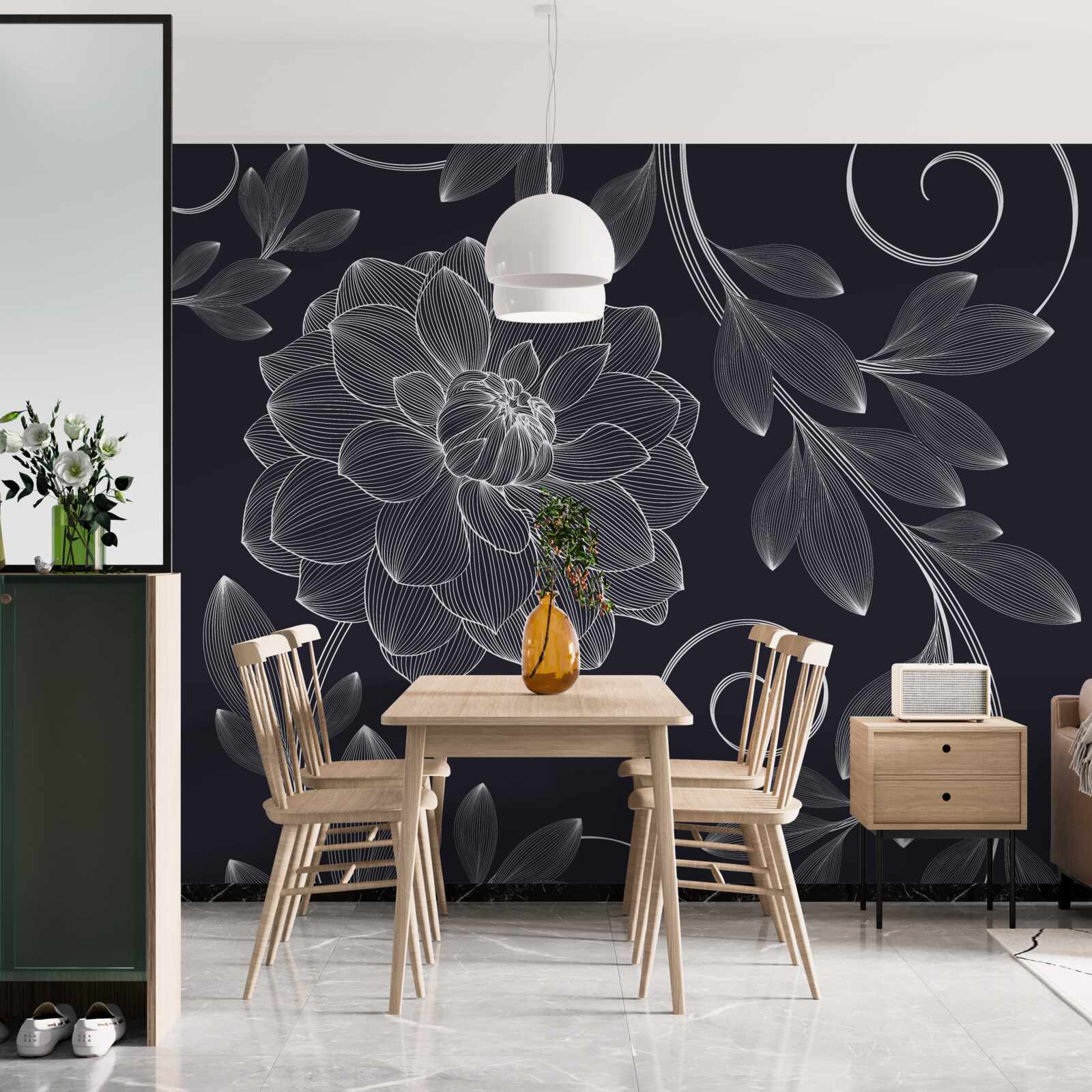 Fototapet mugur și frunze pe un fundal gri