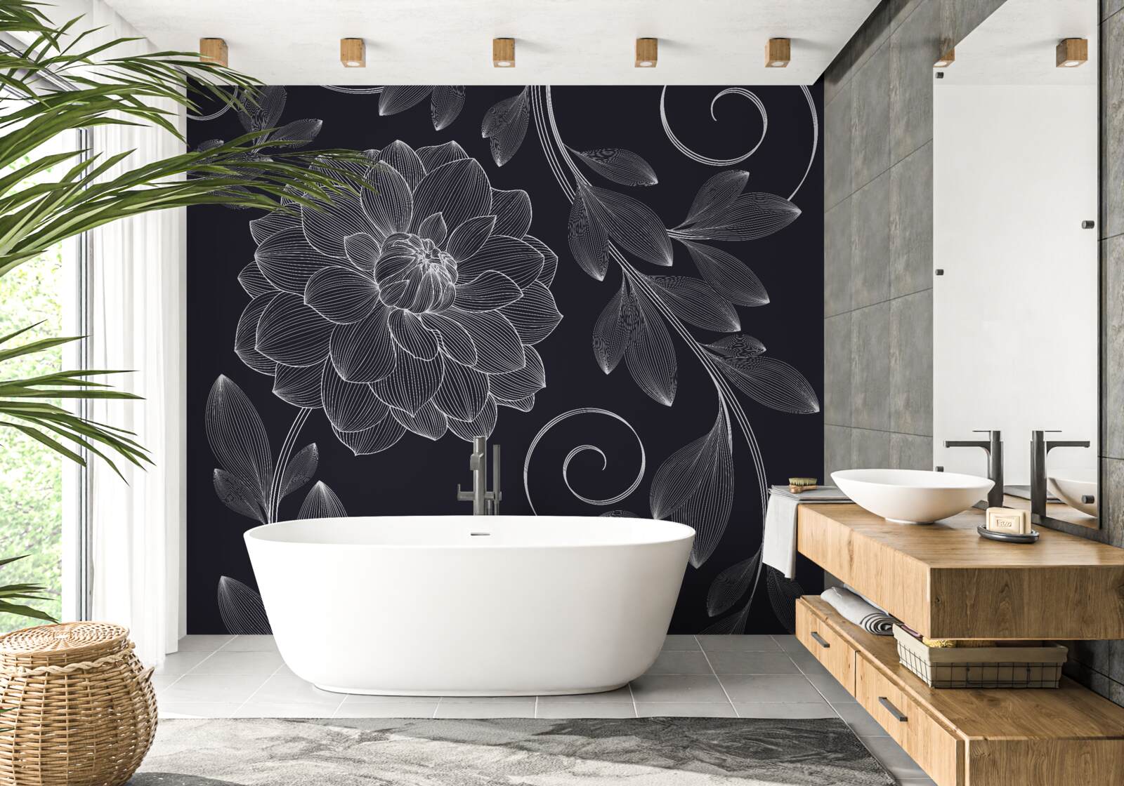 Fototapet mugur și frunze pe un fundal gri