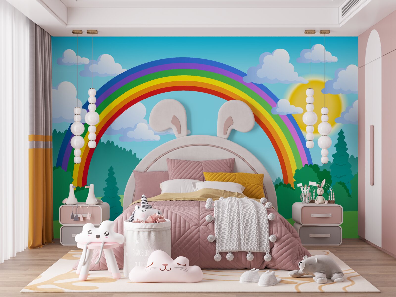 Fototapet un curcubeu strălucitor strălucește pe o poiană de pădure