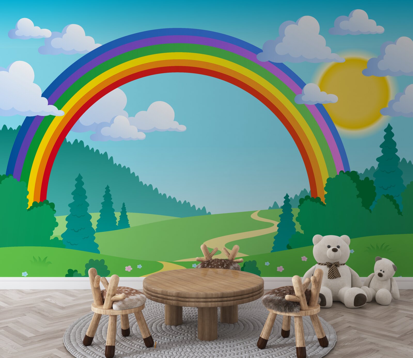 Fototapet un curcubeu strălucitor strălucește pe o poiană de pădure