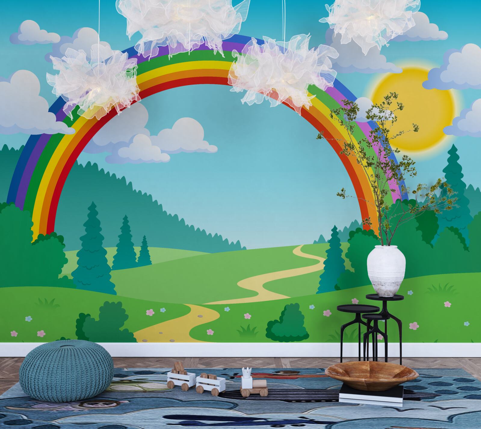 Fototapet un curcubeu strălucitor strălucește pe o poiană de pădure